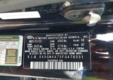 2015 Kia Optima Lx z USA, uszkodzony, nr VIN 5XXGM4A73FG478331